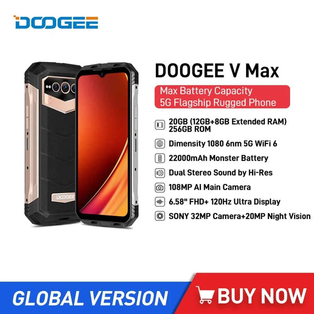 DOOGEE V Max Waterproof Rugged 5G Smartphones Octa Core 12GB+256GB 6.58Inch Cell Phone 108MP Camera 22000mAh 33W Fast Charge NFC global rom xiaomi mi 10 5g smartphone 128gb 256gb snapdragon 865 nfc 108mp camera 90hz display 33w fast charge 4700mah battery