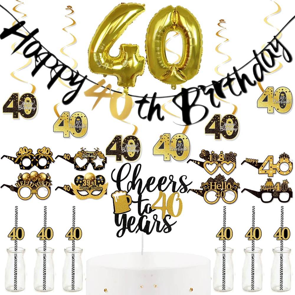Description Picture 2 of item40th Birthday Party Black Gold Banner Balloon Spiral Hangings Men Women 40th Black Gold Party Cake Topper Decoration Supplies