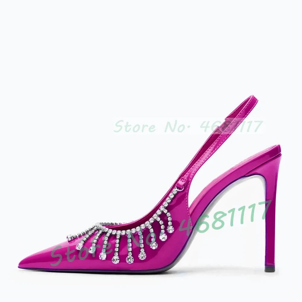 Women Crystal Pendant Tassel Sexy Pointed Sandals Bling Slingback Stiletto High Heels Summer Party Patent Leather Novelty