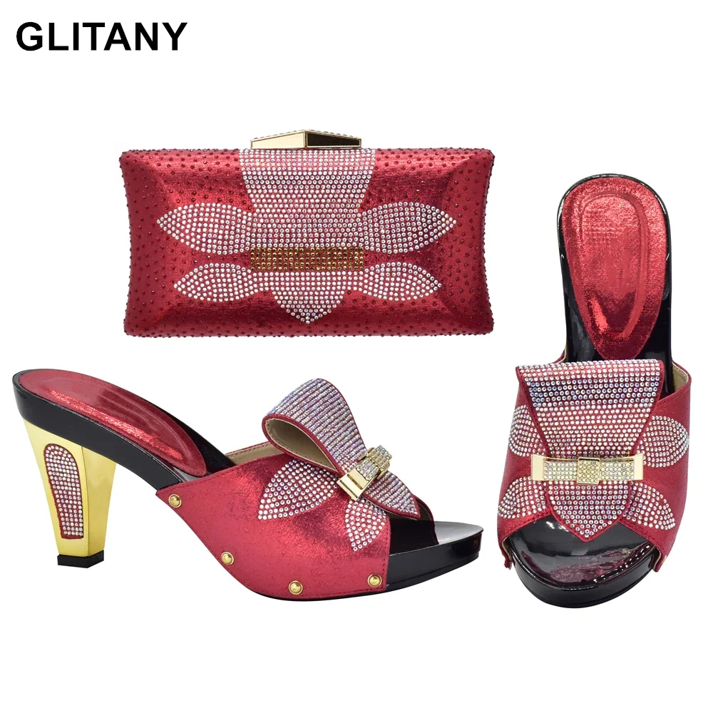 

New Arrival Red Color Shoes and Bag Set Decorated with Rhinestone High Quality Matching Italian Shoes and Bag Sets for Wedding