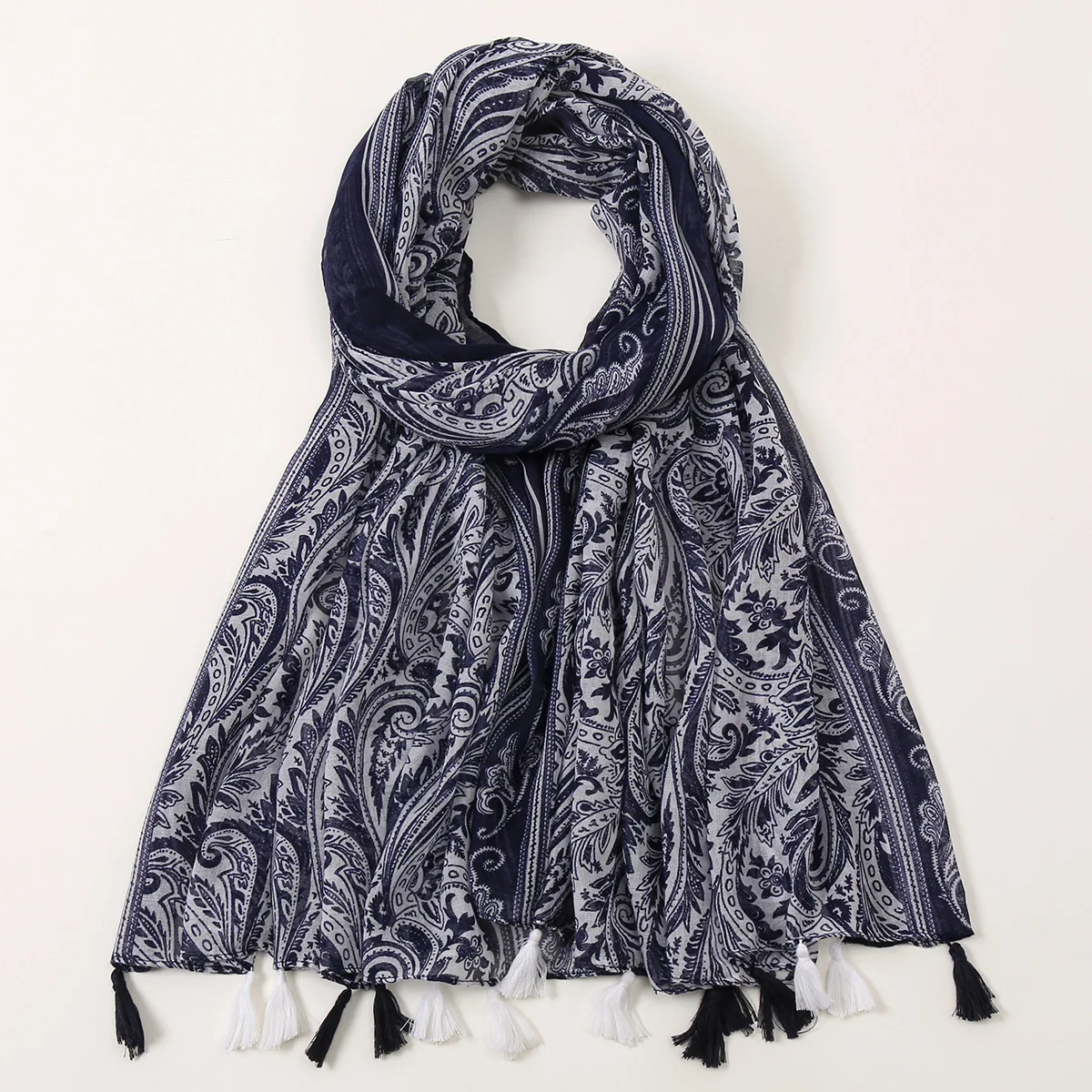 Women Luxury Fashion Brand Navy Blue Cashew Floral Viscose Shawl Scarf Lady Print Soft Wrap Pashmina Sjaal Muslim Hijab 180*90Cm fashion color blocked plaid tassel viscose shawl scarf lady high quality thick pashmina hijabs and wraps muslim sjaal 180 90cm