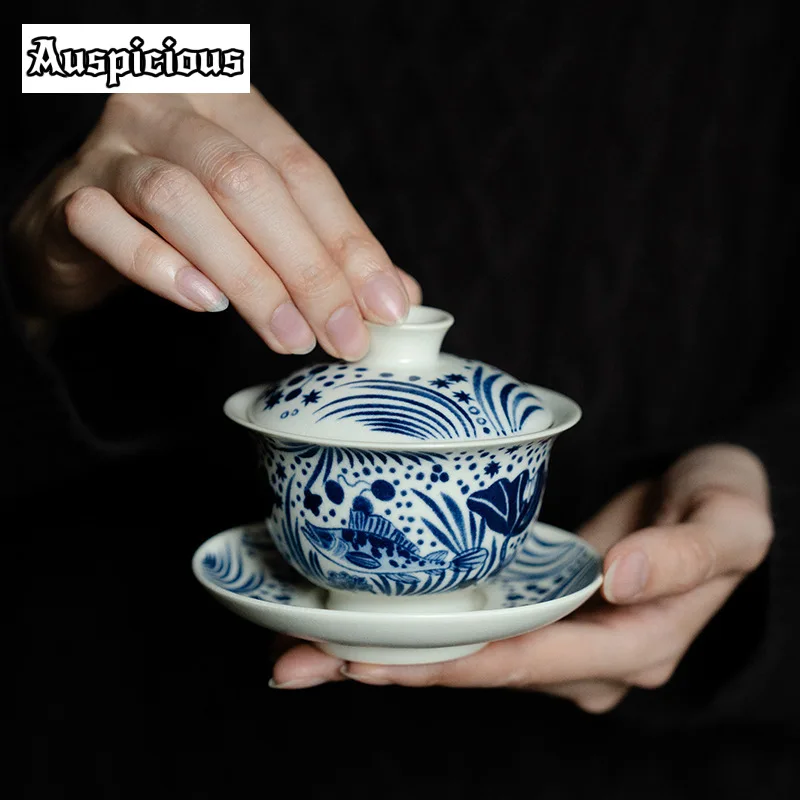 120ml Soda Glaze Tea Tureen Half Color Fish Algae Pattern Gaiwan Sancai Tea Cup Household Maker Cover Bowl Teaware Ornaments