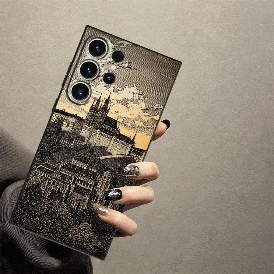 Black Soft Phone Cover Case with Vintage Castle Art Design