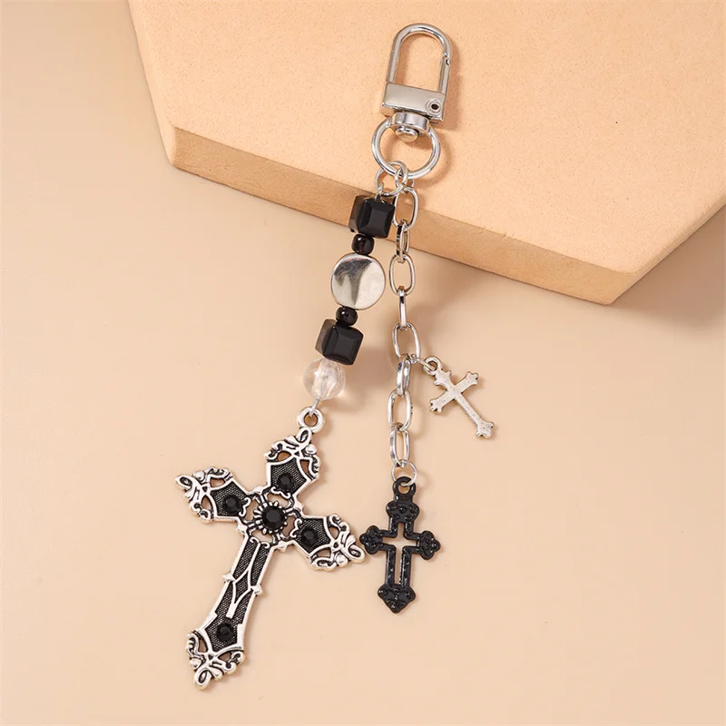 Aihua Niedlicher Ins-Style Schwarzer Steampunk-Kreuz-Schlüsselanhänger für Damen Mädchen Handtaschenanhänger DIY Schlüsselring Handgemachter Schmuck Geschenke – Detail 7