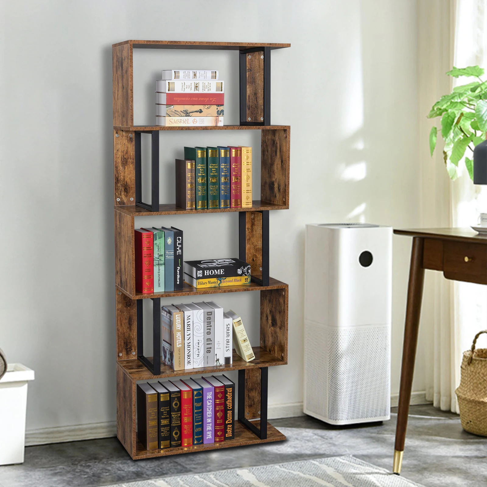

Bookcase and Bookshelf 5 Tier Display Shelf, S-Shaped Z-Shelf Bookshelves for Home Office, Vintage Brown Industrial Style