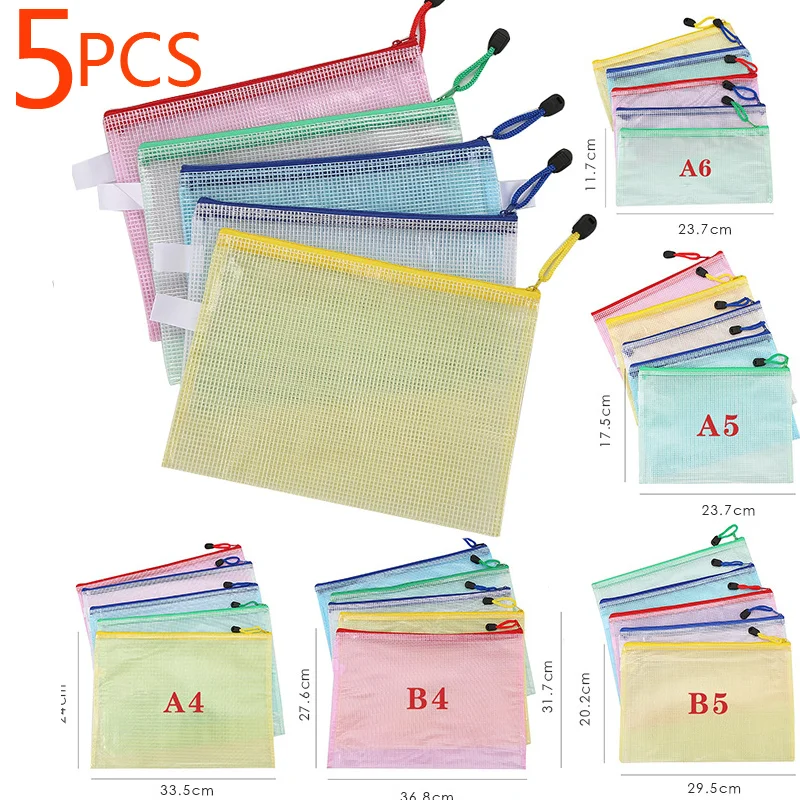 Stationery Storage Folder 5PCS file folder File Mesh Zipper Pouch A4 A5 A6 Document Bag Zip File Folders School Office Supplies