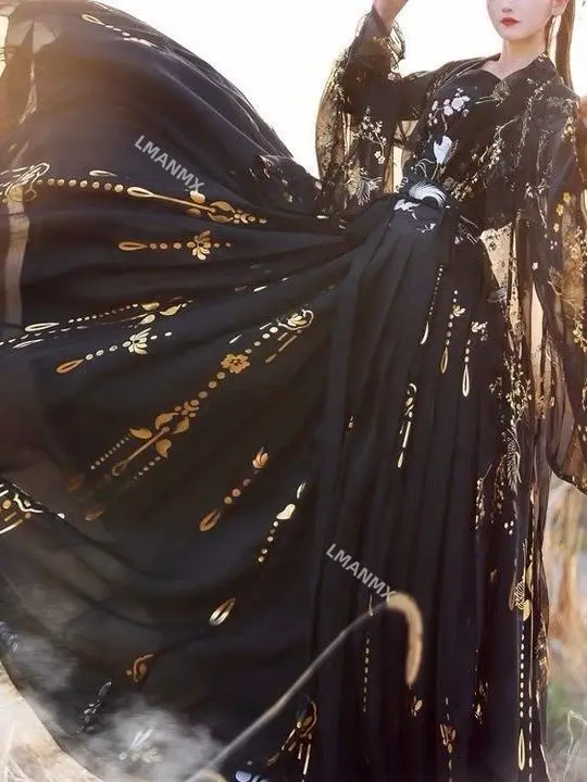Традиционные китайские женские костюмы Hanfu для народных танцев, платья сказочной принцессы, одежда для косплея для девочек в стиле ретро, черно-белая журавль