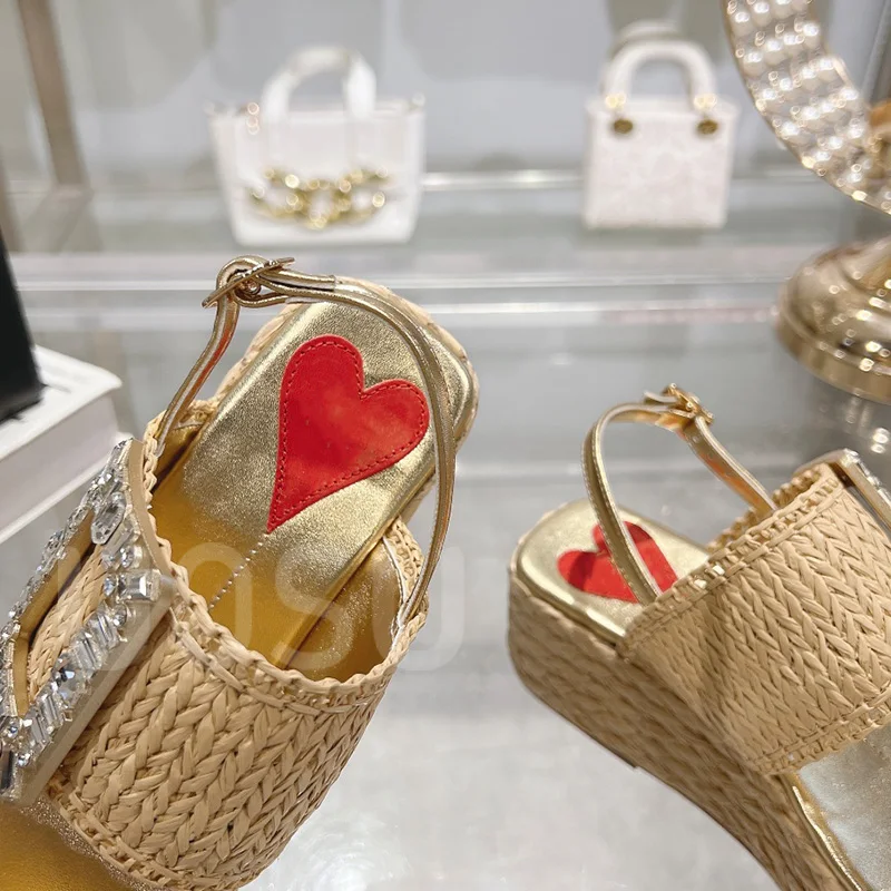 Designer Women Sandals Vintage Thick Water Platform 3-5cm Cowhide Straw Shoes Luxury Leak Toe Ankle Strakle Strap Ladies Shoes