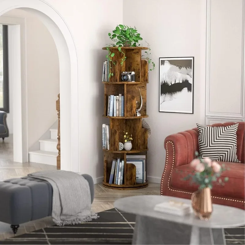 Wood Rotating Bookshelf 360 Display 4 Tier Floor Standing Bookcase Storage Rack for Bedroom Living Room