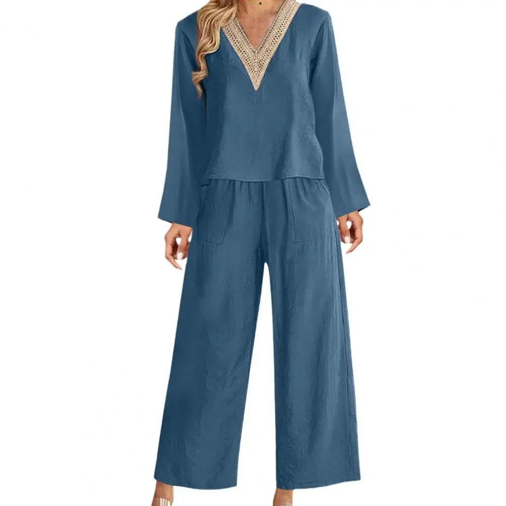 

Женский комплект из 2 предметов, топ с V-образным вырезом и длинные брюки с высокой талией и широкими штанинами с карманами