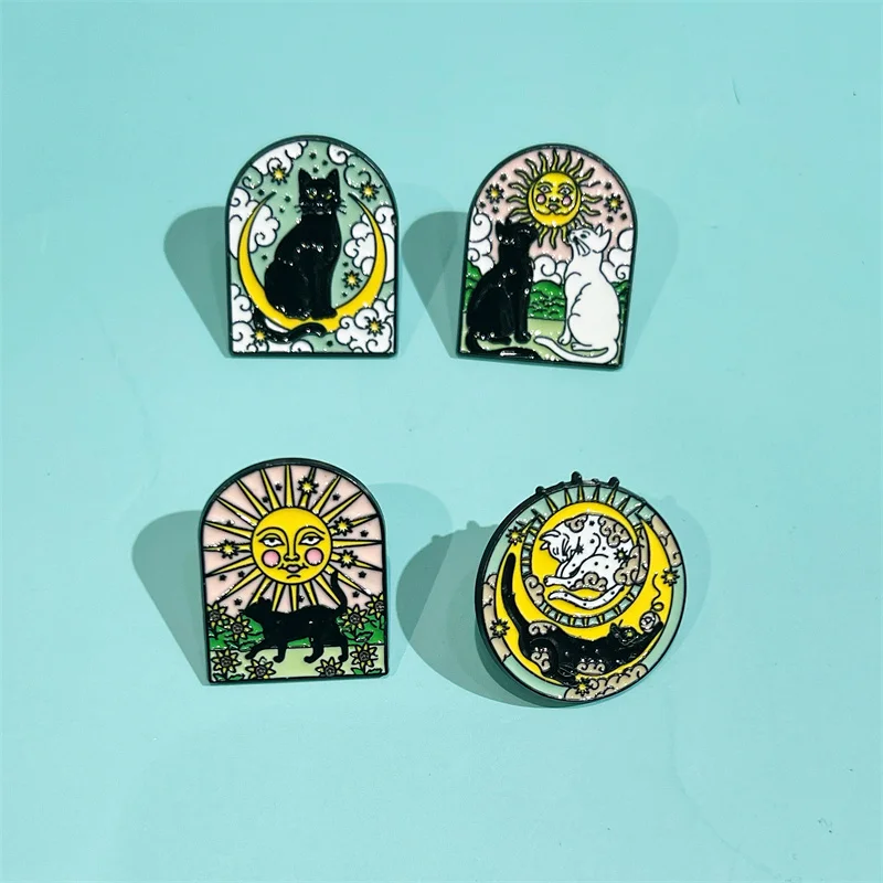 

Cute Black White Cats Enamel Pins Classic Sun Brooch For Clothes Metal Badges Jewelry For Friend