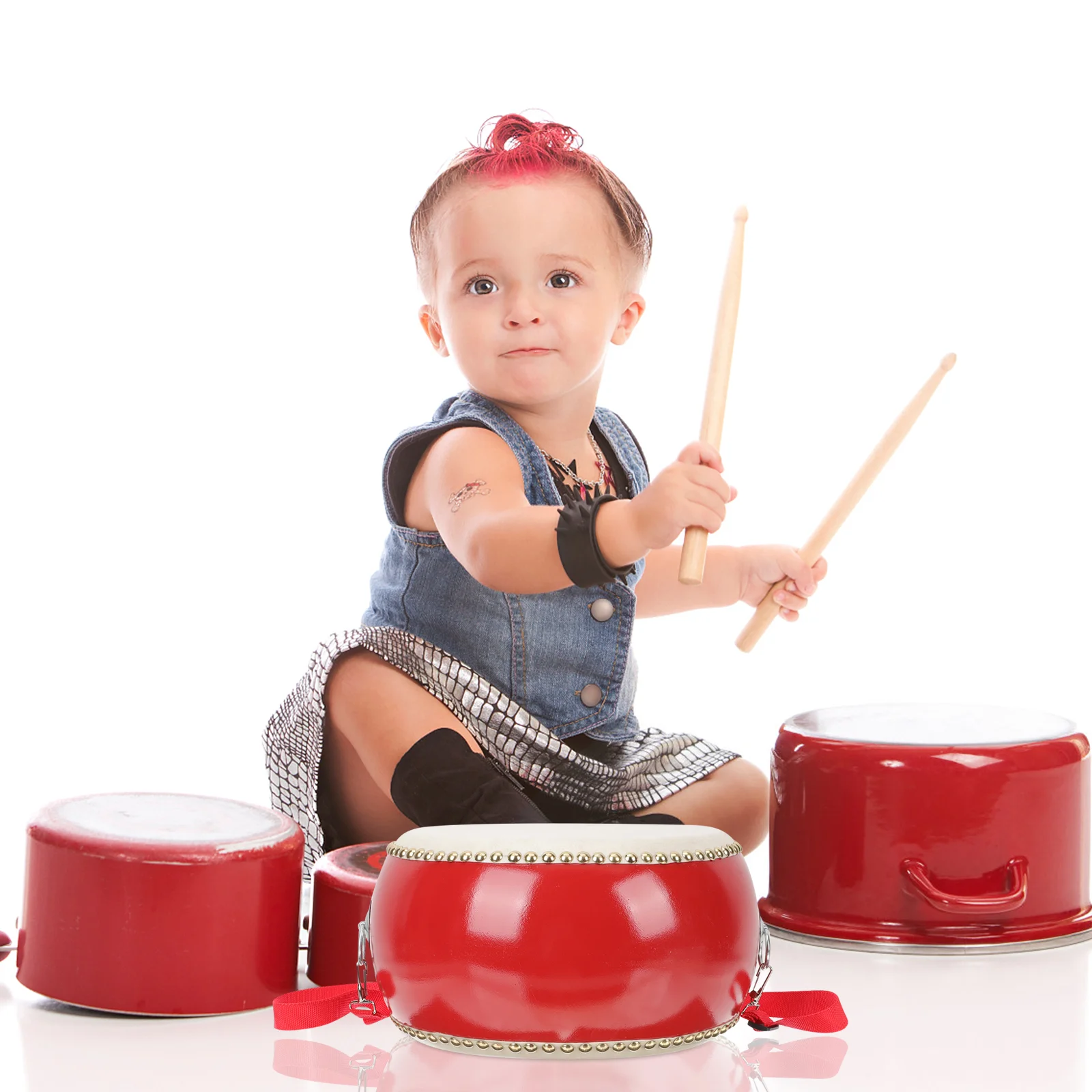 

1 Set of Wooden Children Percussion Cowhide Drum Kids Music Education Drum with Drumstick