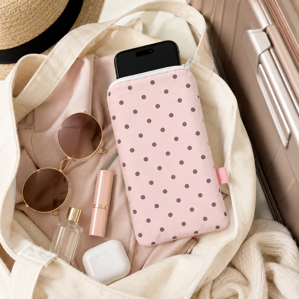 Borsa per telefono rosa a pois da donna, custodia morbida con cerniera e linguetta di apertura per viaggi, borsa a mano, scuola e uso quotidiano - immagine 4