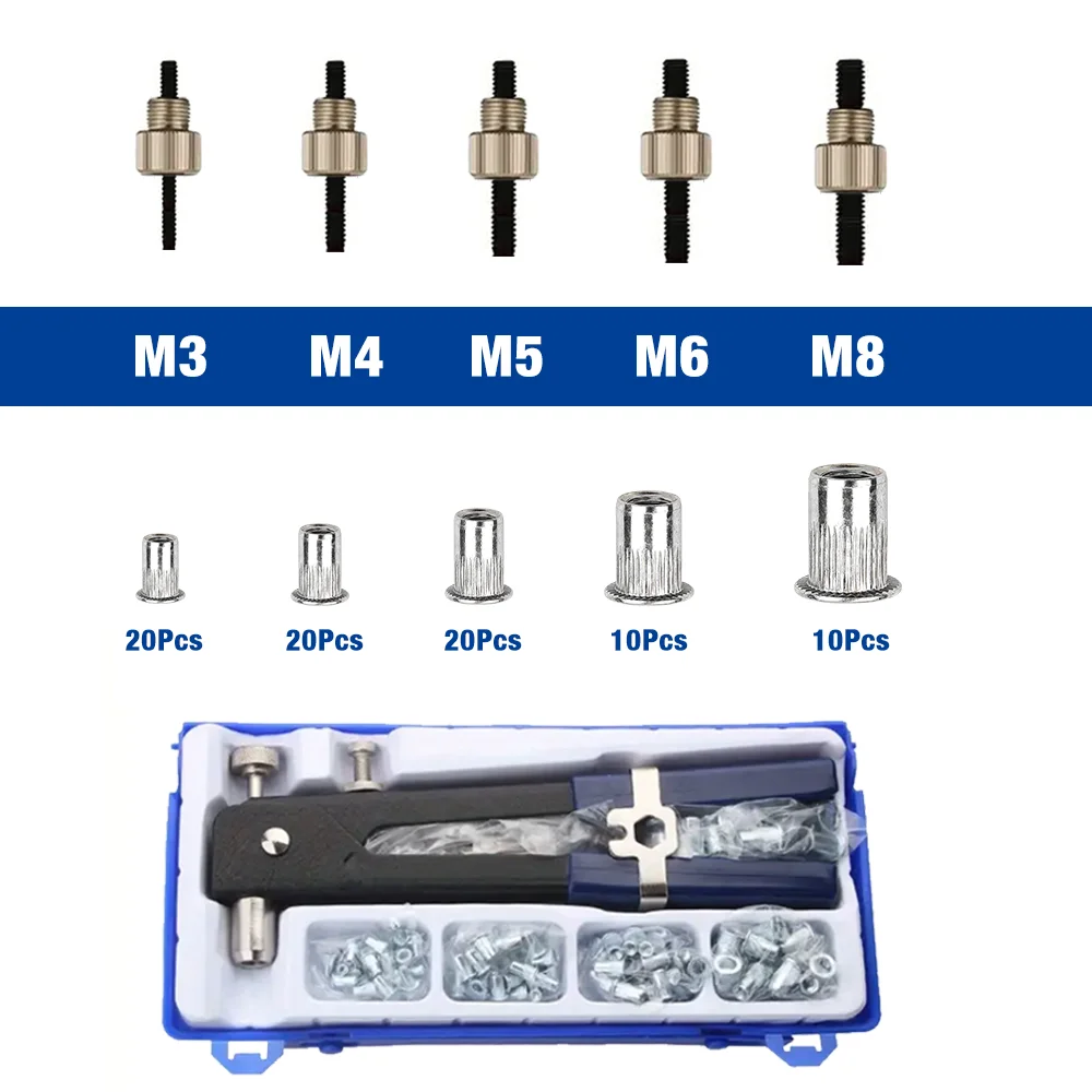 86Pcs Manual Rivet Nut Gun M3 M4 M5 M6 M8 Home Rivet Gun,Insert Nut Quick Riveting Tool, Contains 80 Rivet Nuts,Riveting Machine