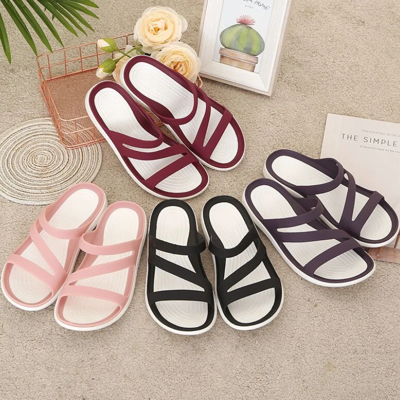 

Women's Slippers Flat Bottom Round Head Solid Color Sandals Korean Style Casual Non-slip Lightweight Beach Shoes Sandales Plates