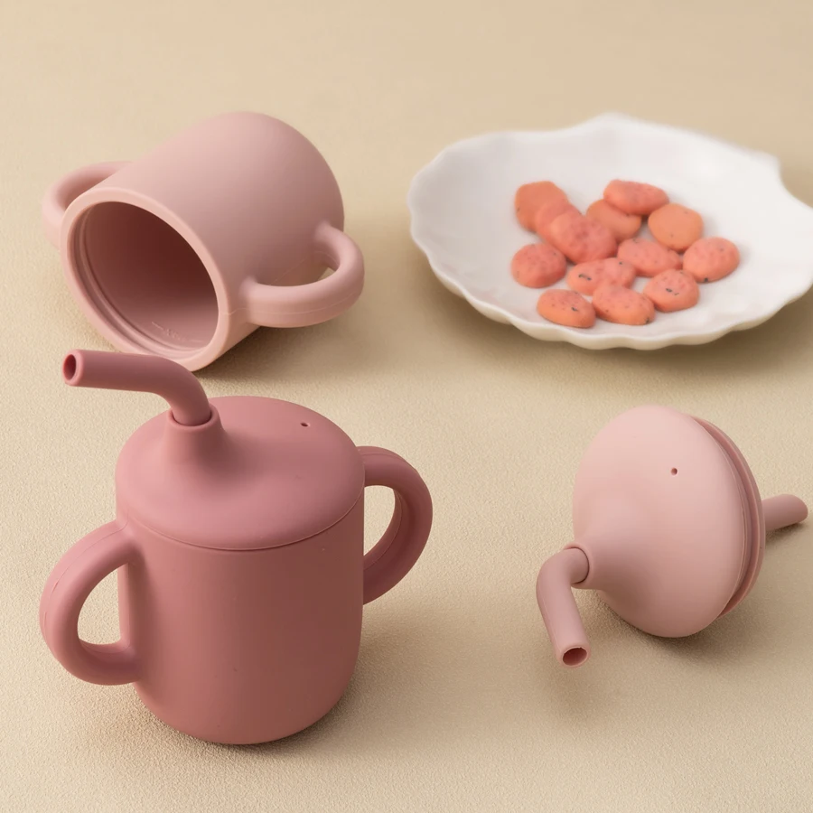 실리콘 컵, 순색 물병, 어린이 수유 훈련 용품, 더블 핸들 시피 컵, 휴대용 식기, 1PC
