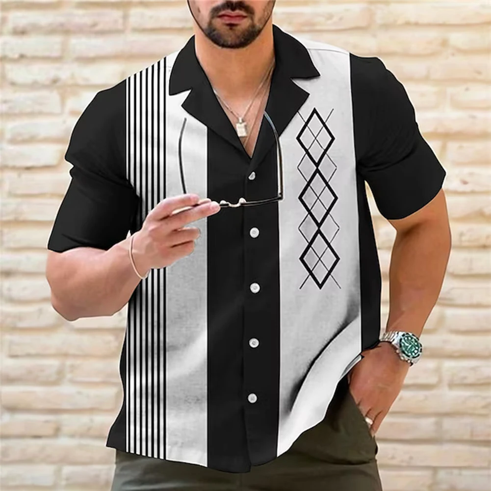 Vintage Inspired Men\'s Casual Bowling Shirt Stripe Pattern Short Sleeve and Button Down Style Ideal for Casual Wear and Parties