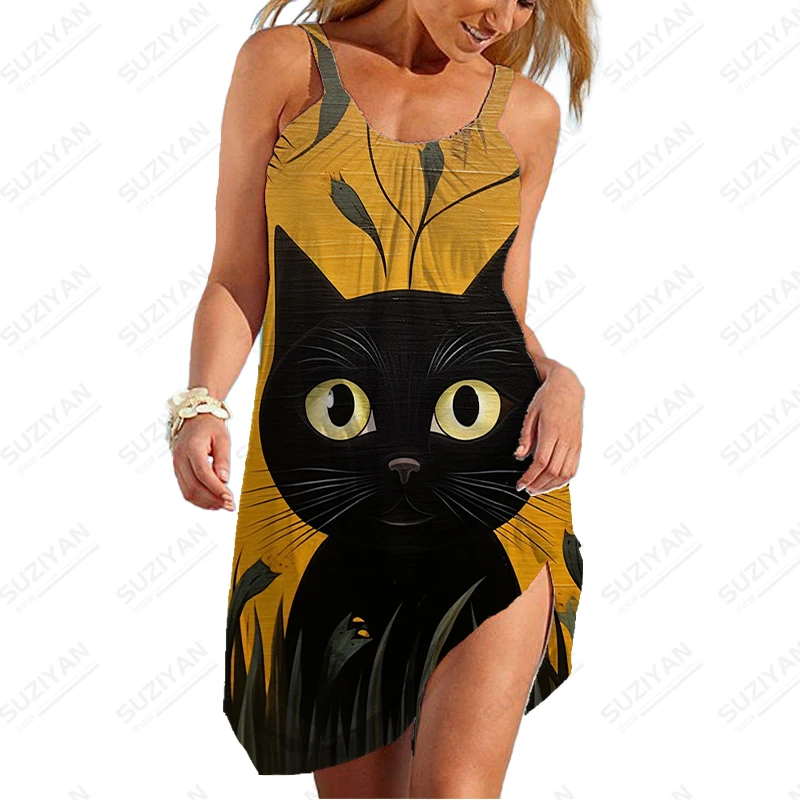 

Women's Summer Dress Fashion Aesthetic Dresses Spaghetti Strap Dress Loose Casual Dress Black Cat 3D Printed Oversized Dress
