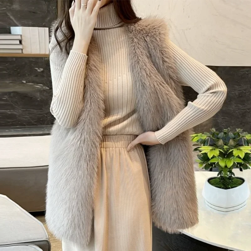 

Women Fur Vest Coat Warm Long Fur Rabbit Sleeveless Jacket Loose Fluffy Waistcoat Casual Outwear Female Winter 2023 Vest Outwear