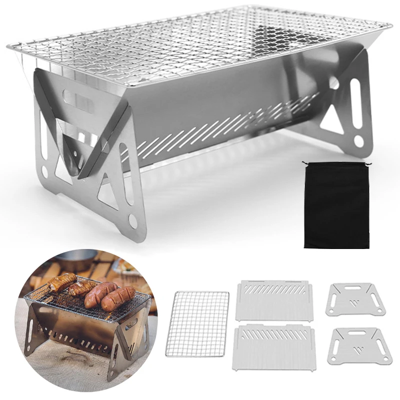 

Portable Folding Barbecue Grill Heating Stoves Multifunction Camping BBQ Grill Rack Net Firewood Stove Stainless steel BBQ Grill