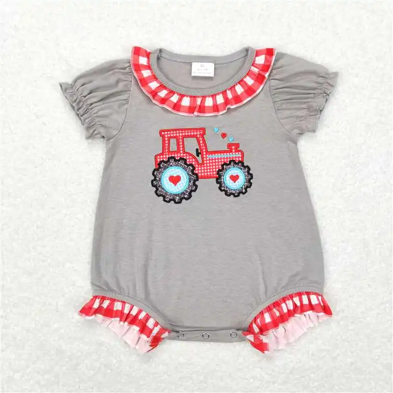 Wholesale Toddler Baby Boy Sleeveless Tractor Romper Newborn Summer Embroidery Plaid One-piece Kids Children Clothing 3