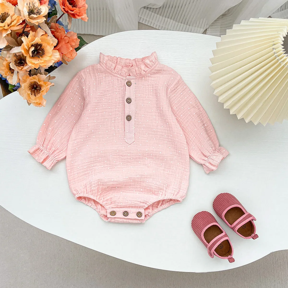 Korean Style Baby Girl Long Sleeve Ruffle Cotton Romper Outfit Newborn Spring Clothes All in One Suit for Crawling And Playing