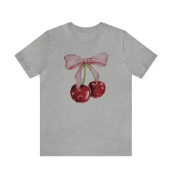Cherry Bow Printed Vintage Women’s Tee - Trendy Cottagecore Aesthetic Short Sleeve Top - XXL (GRAY)