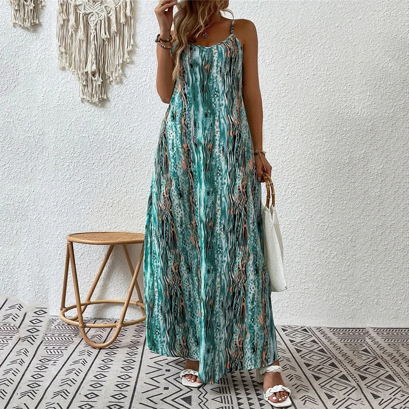 

Vintage Robe Vestido Women Casual Bohemia Prinitng Long Dress Sexy Sleeveless Spaghetti Strap Dress 2023 Beach Party Loose Dress