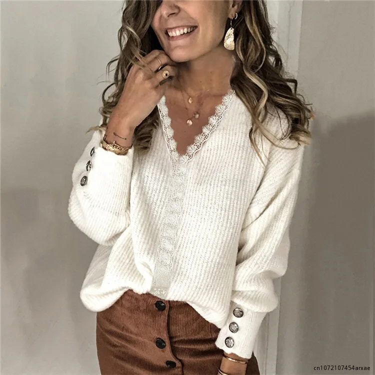 

Women Sexy Lace Patchwork V Neck Sweaters For Women Autumn Winter Sweaters Long-sleeve Knit Top For Female Jacket Korean Fashion