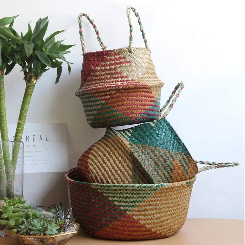 

3pcs Colorful Hand Woven Seagrass Baskets Retro Nodic Storage Container Foldable Large Laundry Picnic Basket Garden Plant Pot
