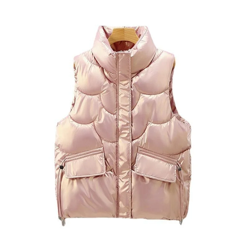 

Autumn Winter Women's Zippered Fashion Wash Free Glossy Warm Waterproof Vest Women's Sleeveless Coat Brand Solid Bread Vest