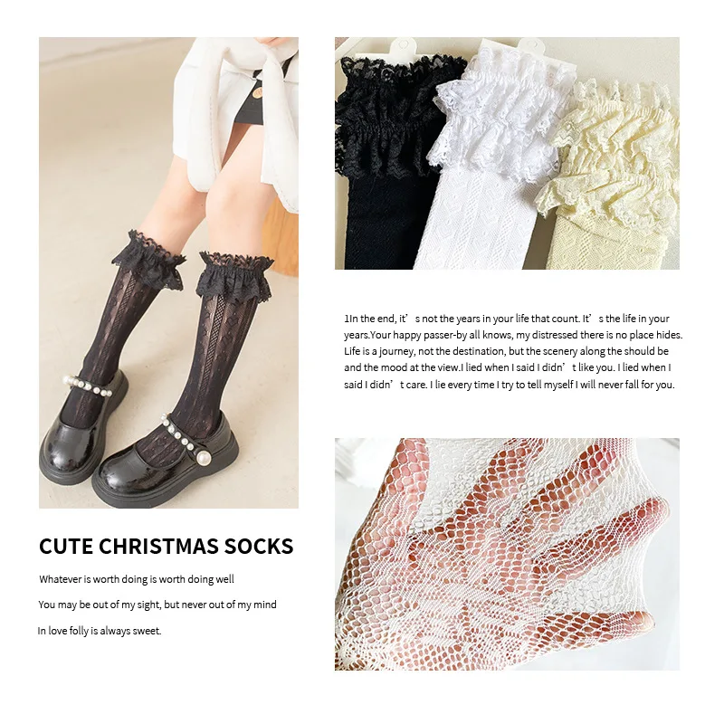 Spring Summer New Children's Lace Thin Hollow Mesh Black and White Solid Color Medium Tube Stacking Socks Wholesale
