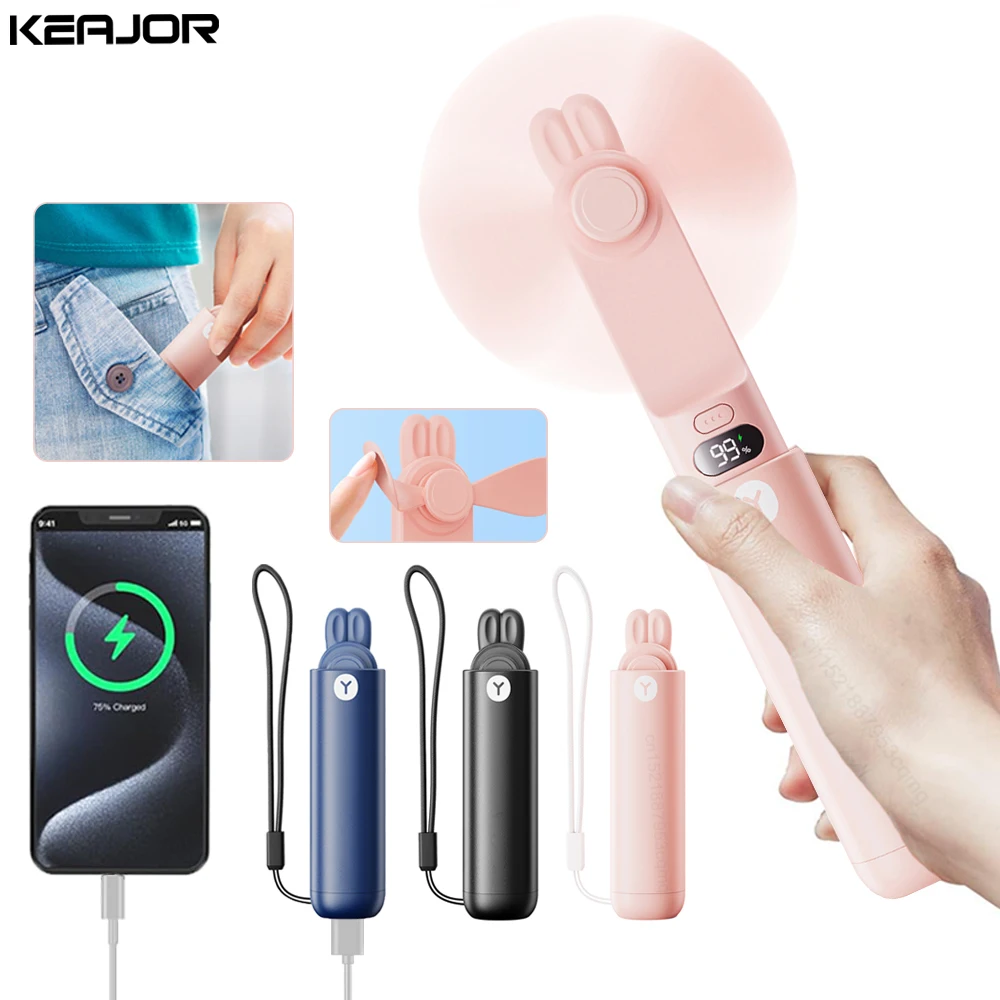 휴대용 선풍기 미니 귀여운 접이식 선풍기, USB 충전식 포켓 소형 선풍기, 2000mAh 보조배터리 및 LED 디스플레이 