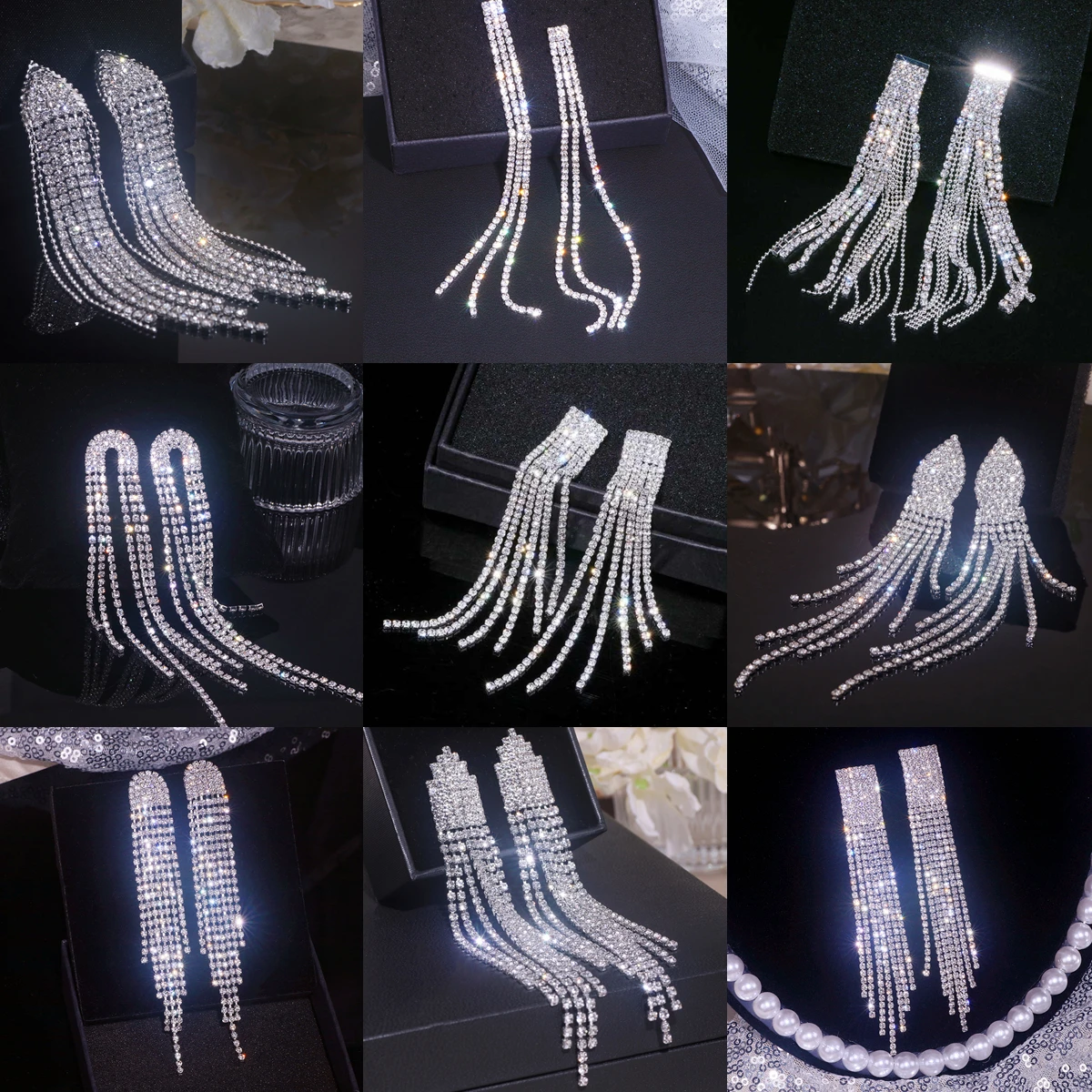 Long Crystal Tassel Earrings for Women Bridal Wedding Drop Dangling Earrings Evening Party Jewelry
