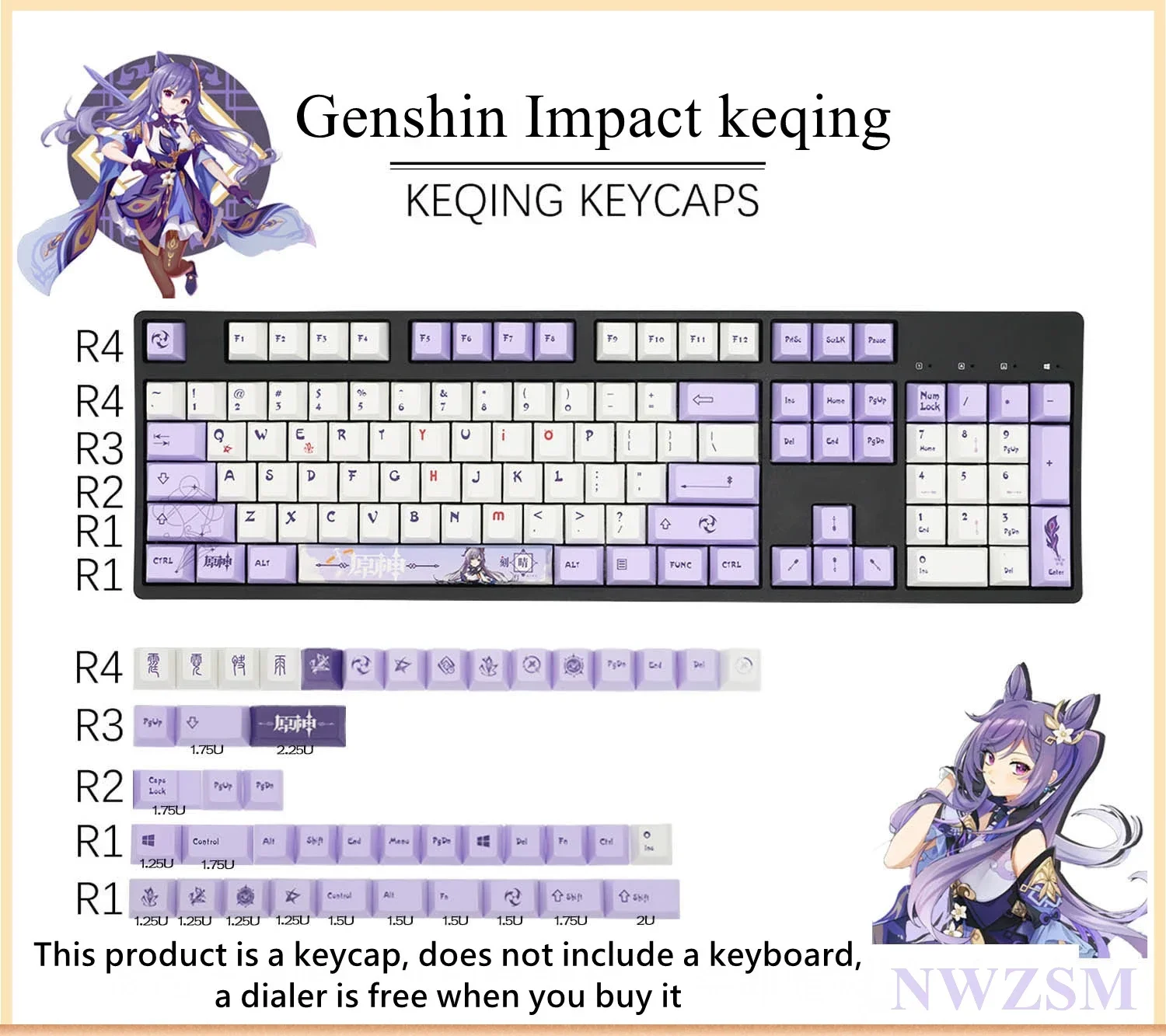 

Original Genshin Impact Keqing Keycap PBT Sublimation Game Theme Mechanical Keycap with Custom Pattern