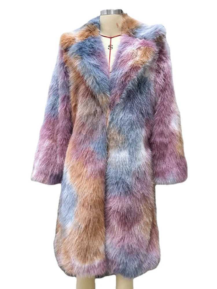 

2023 Women's Winter Fur Coat Rainbow Long Plush Jacket Lapel Fox Faux Women Clothing Fluffy New in Outerwears