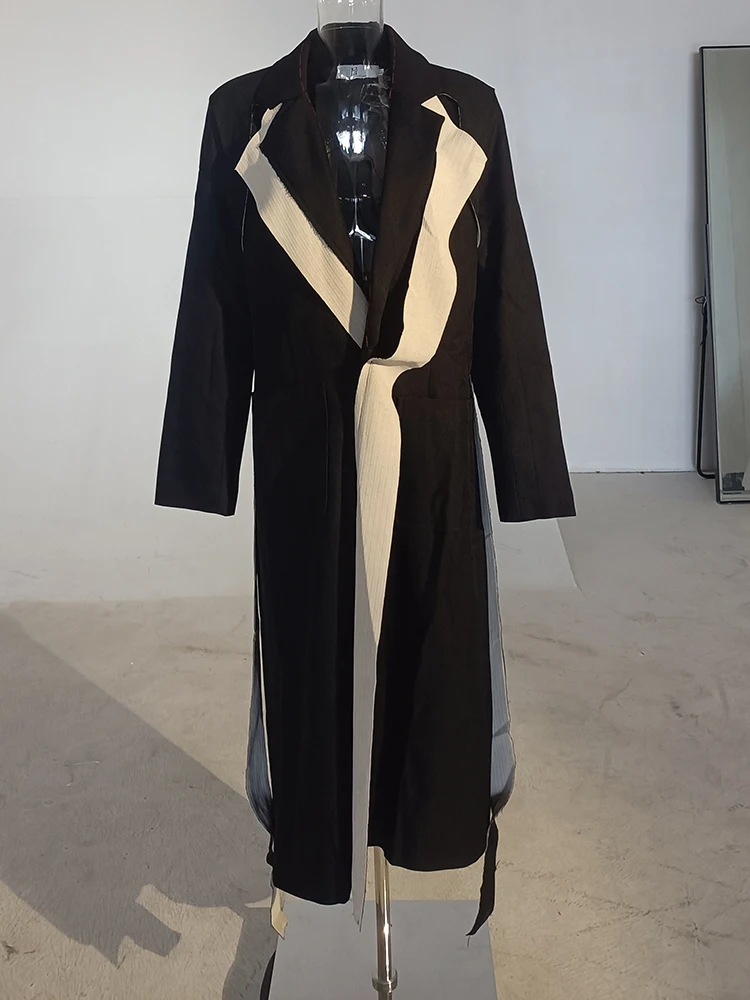 [EAM] Women Black Topstitched Long Big Size Trench New Lapel Long Sleeve Loose Windbreaker Fashion Spring Autumn 2024 1W51909