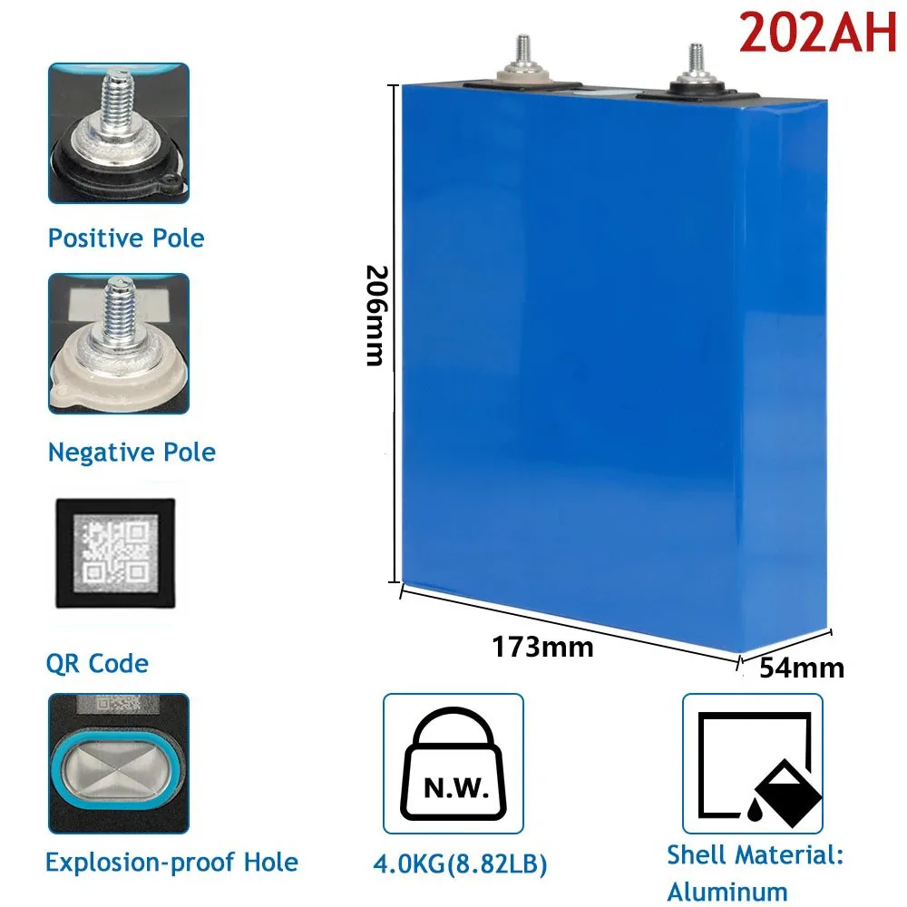 4-16 Pezzi Batterie al Litio Originali 3.2V 202AH Lifepo4, Batteria Ricaricabile 12V per Pacchi Batteria Solari Fai-da-Te 12V 24V 48V - immagine 2