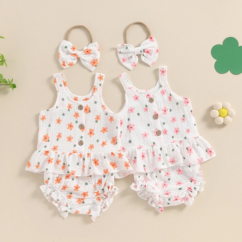 

2024-03-29 Lioraitiin 0-18M Baby Girls Clothes Set Floral Print Sleeveless Ruffled Button Vest Elastic Waist Shorts Bow Headband