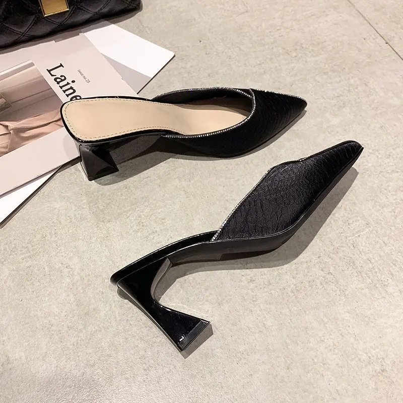 

Baotou Half Slippers for Women's Outwear 2023 Summer New Outgoing Fairy Feng Shui Diamond Pointed Thick Heel High Heel Sandals