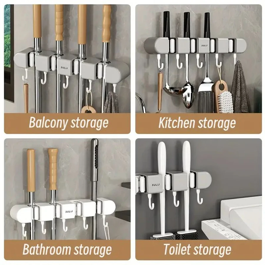Bathroom Accessories Set household cleaning tool holder organizer 2 clips 3 hooks mop hook mop clip wall mounted and broom storage clip
