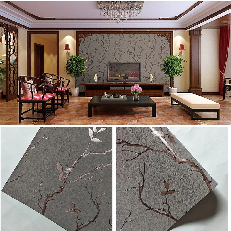 3D Thickened Deerskin Velvet Wallpaper Dark Brown Branches and Leaves Relief Wallpaper Living Room Background Wall