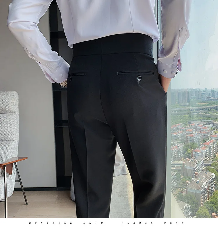 British Style Autumn New Solid High Waist Trousers Men Formal