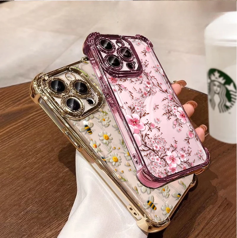 Plating Pink Violet Flowers Shockproof Phone Case