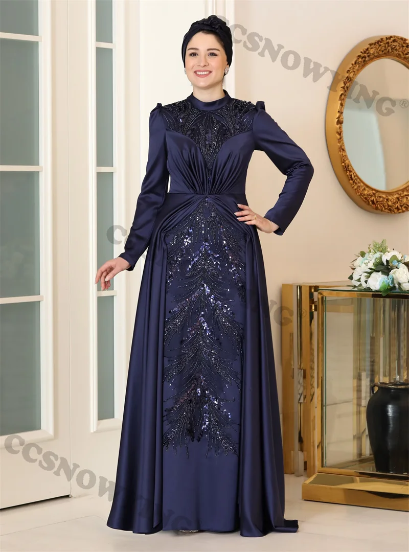 

Satin Appliques Beaded Muslim Evening Dresses Islamic Long Sleeve Women Formal Party Gown Arabic Dubai Hijab Robe De Soirée