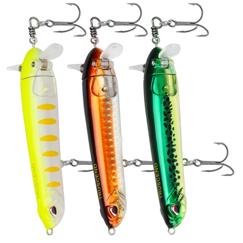 

3pcs Pencil Floating Plopper Fishing Lures Bass Bait 3D Holographic Eyes Metal+plastic With Propeller Tail For Outdoor Fishing