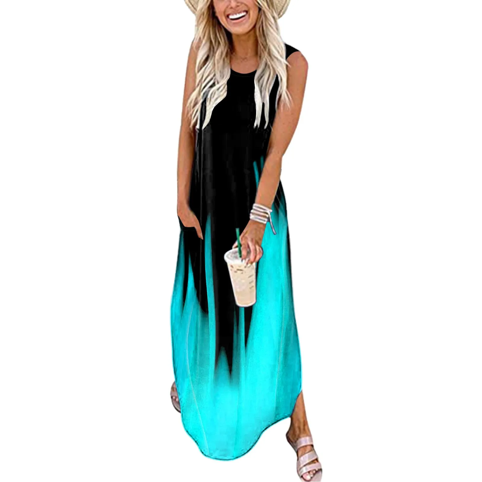 

Women's Casual Maxi Dress Summer Loose Sleeveless Round Neck Long Dress High Waist Slim Fit Fashion Simple Floral Print Dress