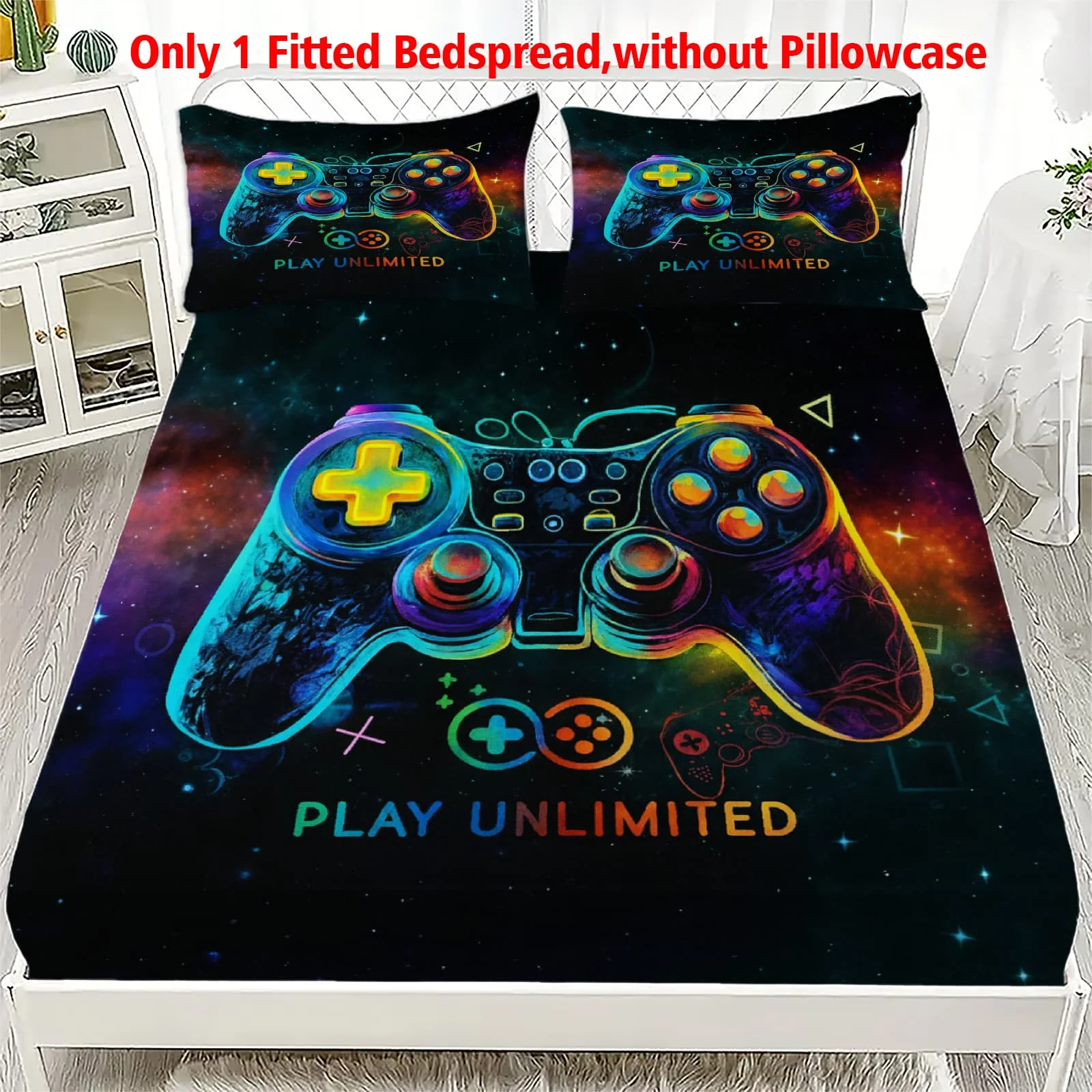 1 pieza Sábana Ajustable con Estampado de Control de Videojuegos Neon Cosmic, Funda de Colchón Elástica de Bolsillo Profundo, Decoración para Dormitorio Individual, Matrimonial, Queen, King
