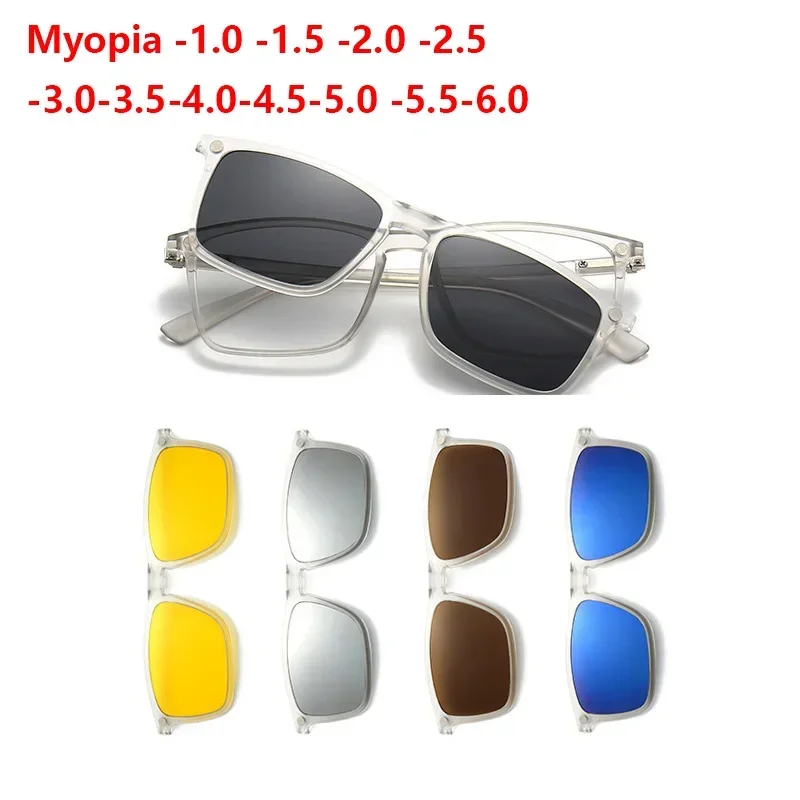 

1+5 Magnetic Polarized Myopia EyeglassesTransparent Frame Square Driving Optical Prescription Glasses Men Women -0.5~-6.0