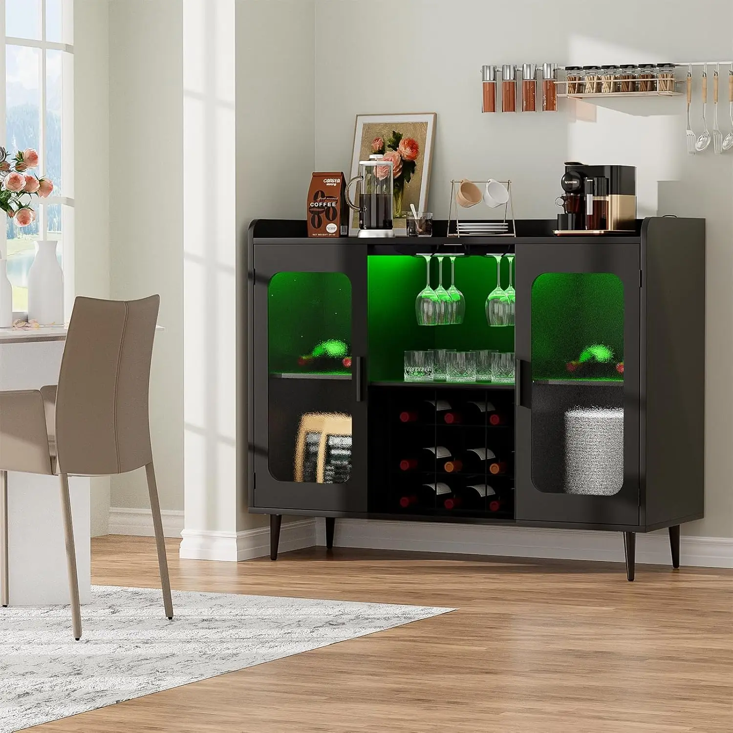 Liquor Cabinet Bar with Power Outlet and LED Light, Wine Bar Cabinet with Wine and Glasses Rack, Home Coffee Bar Cabinet